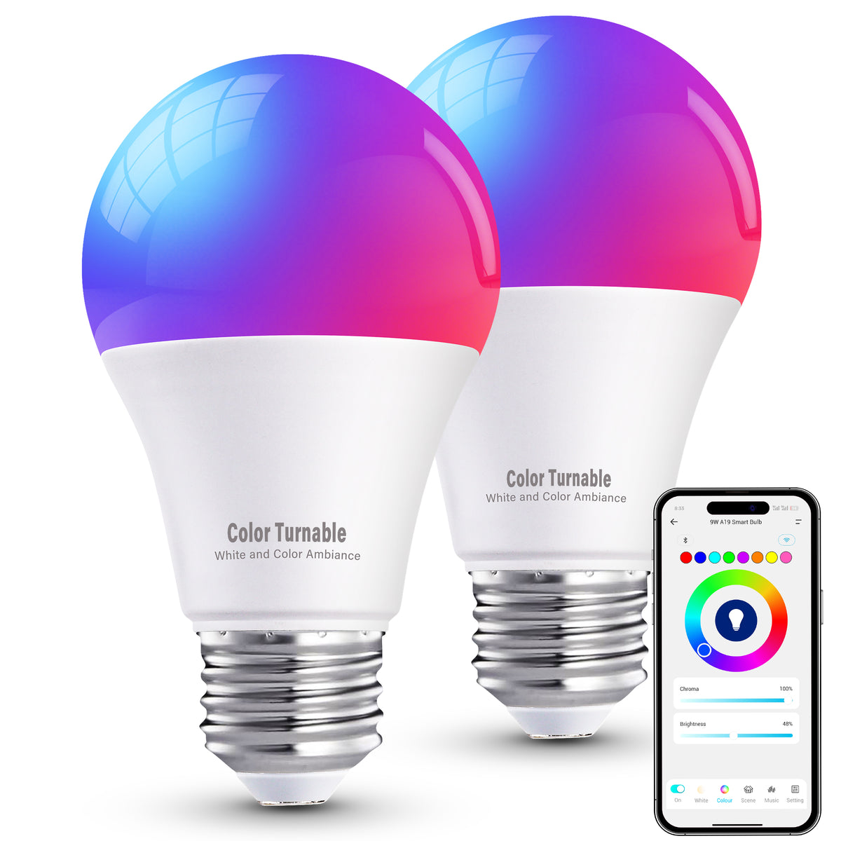Color Turnable RGBWW Smart Light Bulbs App Control, E26, A19,9W, 806 LM, 2 Pack