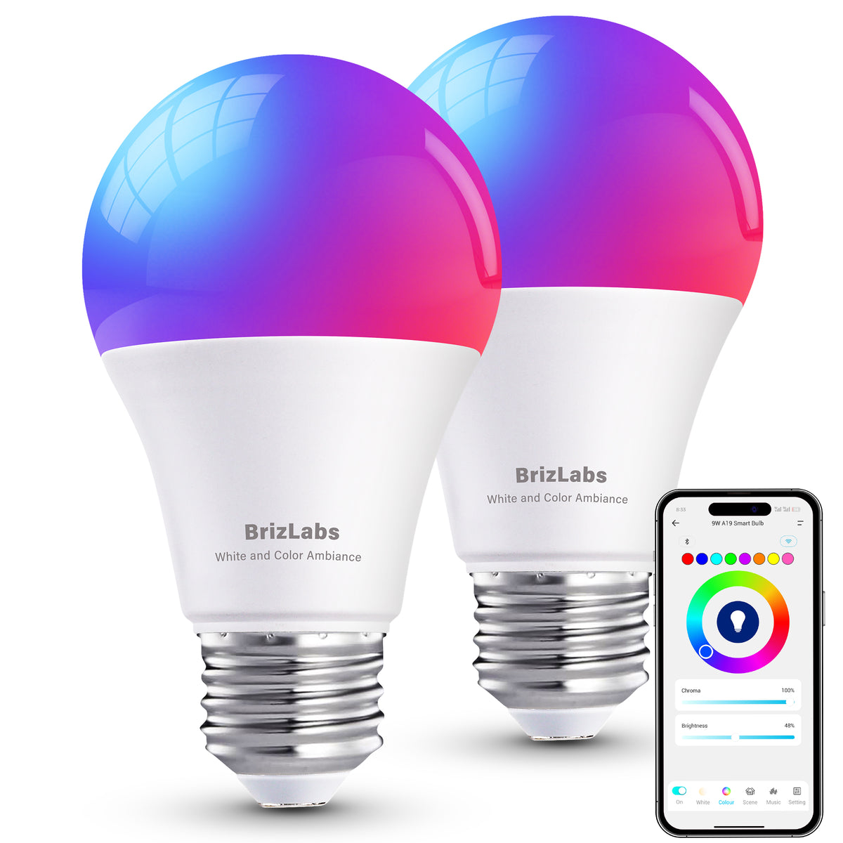 BrizLabs RGBWW Smart Light Bulbs App Control, E26, A19οΌ9W, 806 LM, 2 Pack