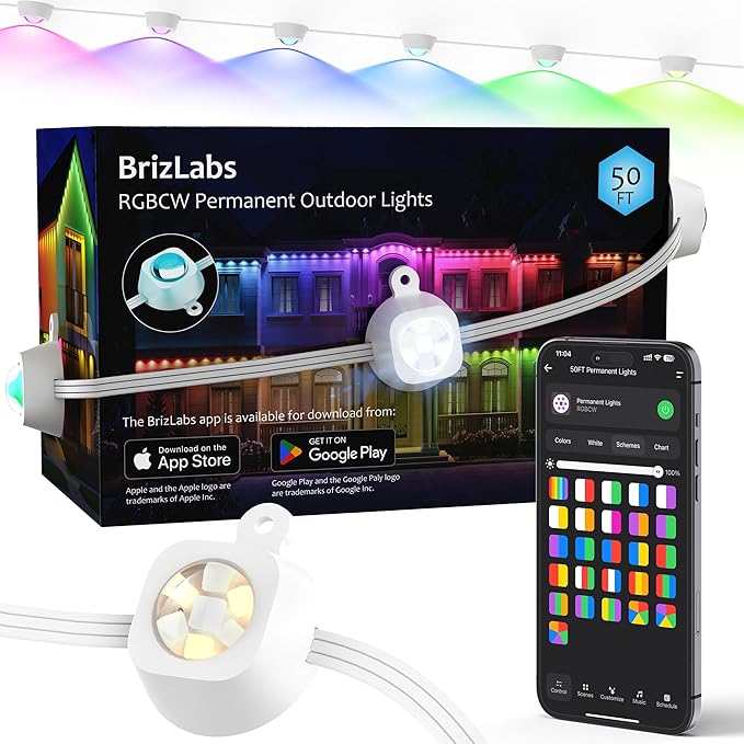 BrizLabs Smart Permanent Outdoor Lights β RGB, Warm White & Cool White, DIY Customization, Music Sync, Voice & App Control, 50FT