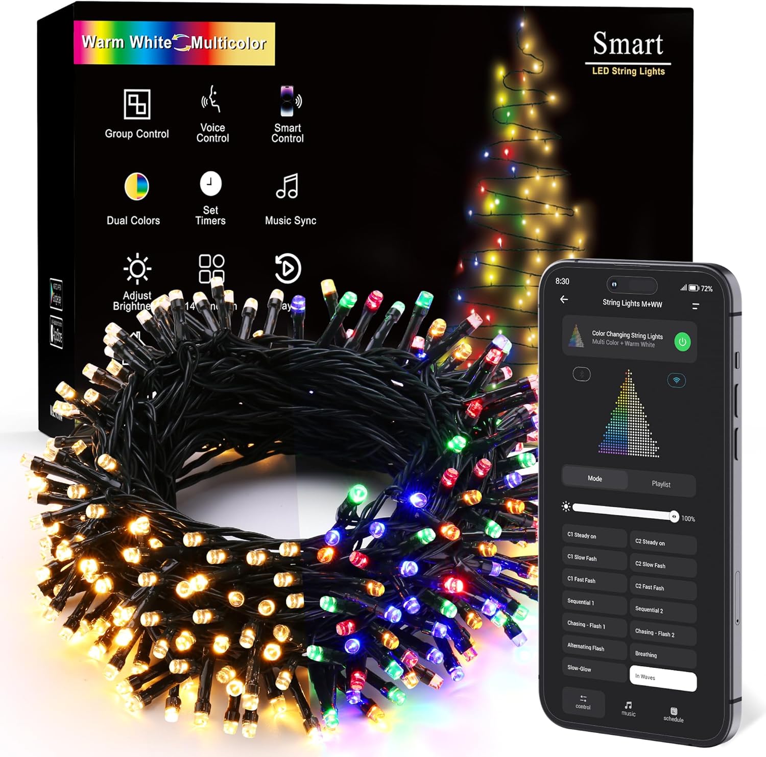 Smart Mini Christmas Lights, 66FT 200 LED,Warm White & Multicolor Colo
