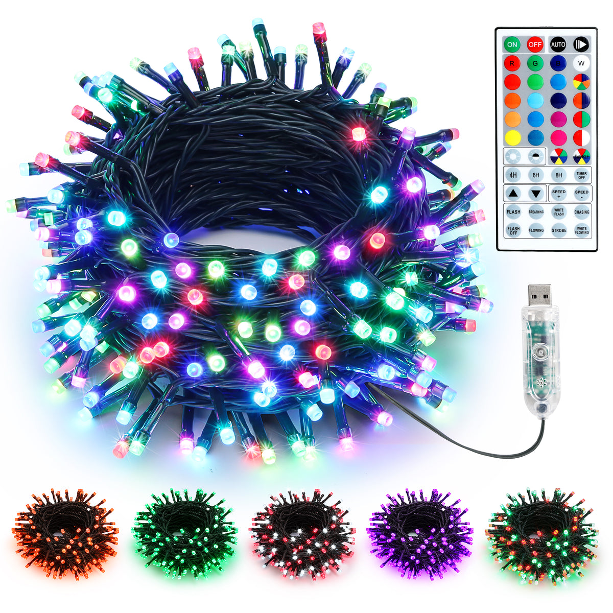 BrizLabs Color Changing 33ft 100 LED RGB String Lights Green Wire USB Powered with Remote