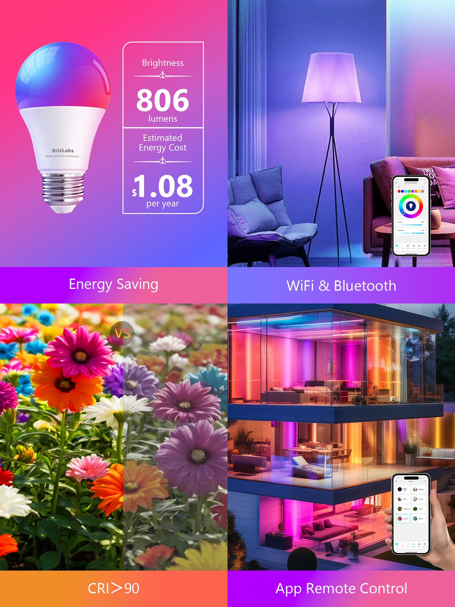 BrizLabs RGBWW Smart Light Bulbs App Control, E26, A19,9W, 806 LM, 4 Pack