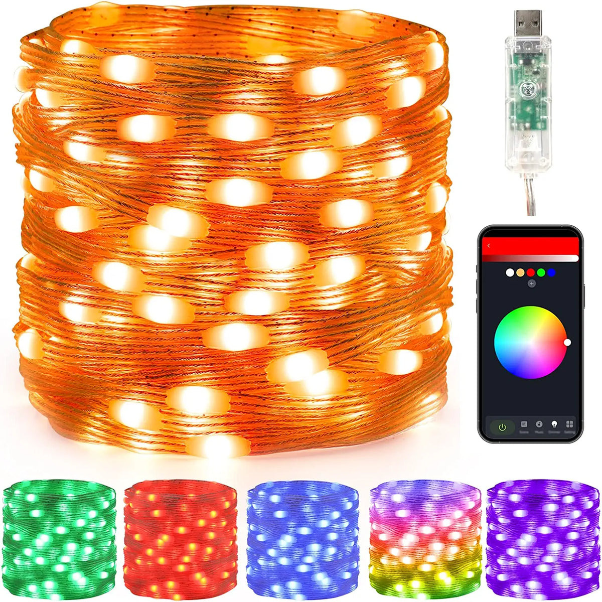 BrizLabs Smart App Controlled 33 Ft 100 LED USB RGB String Lights
