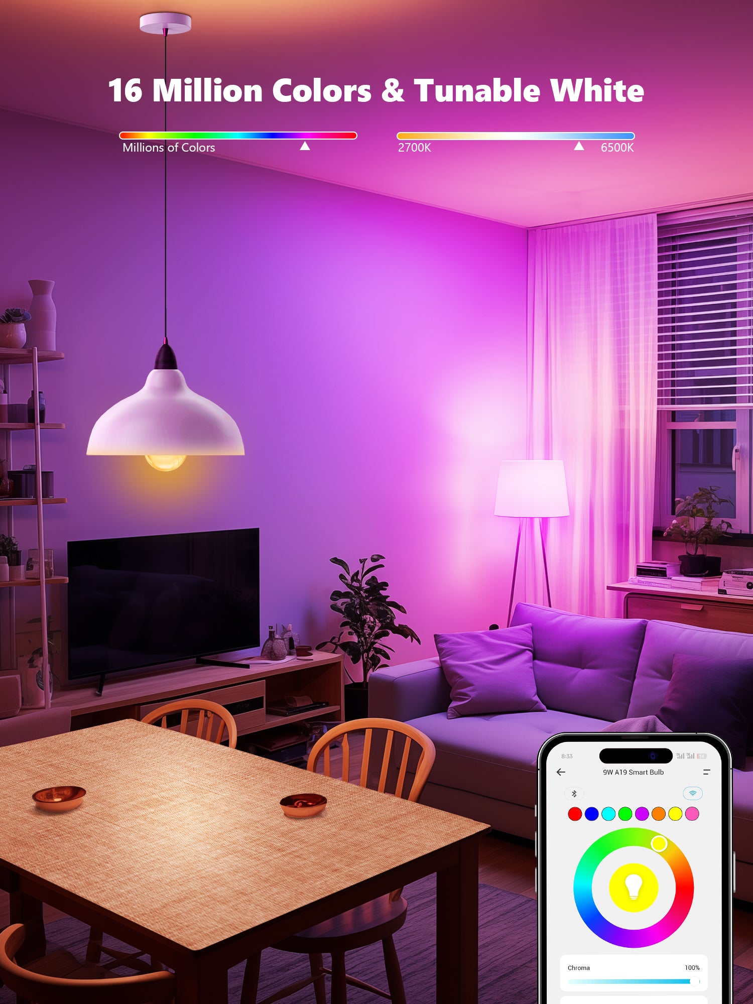 Color Turnable RGBWW Smart Light Bulbs App Control, E26, A19，9W, 806 LM, 2 Pack