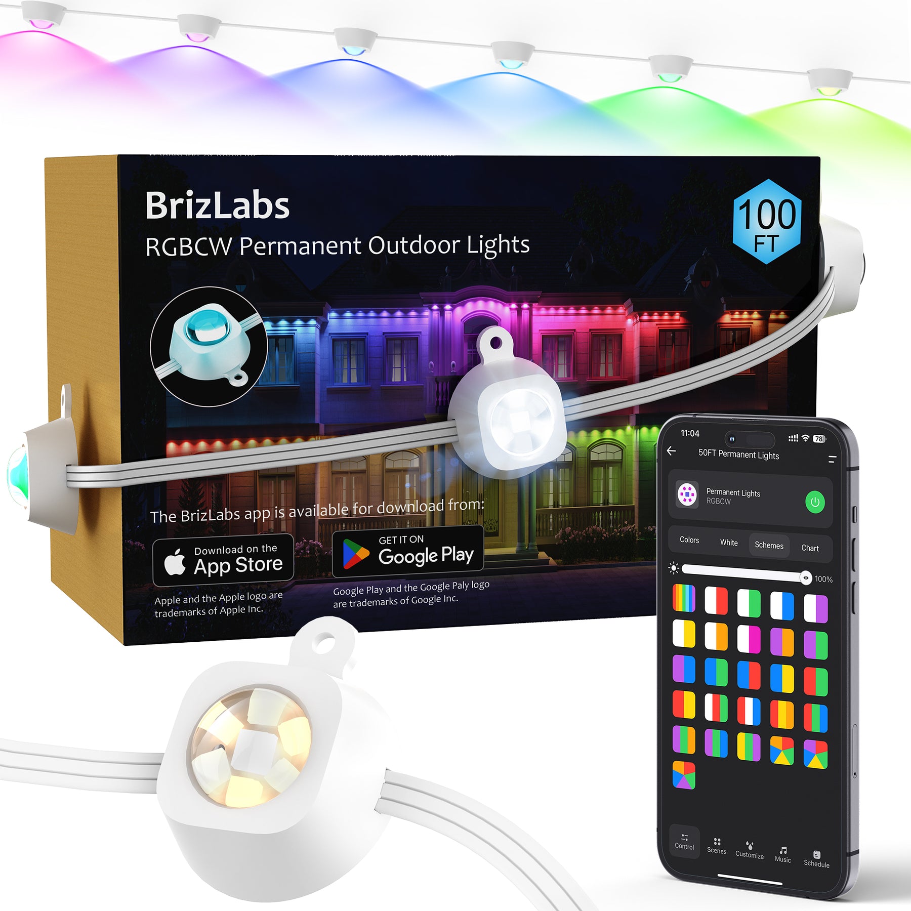 Smart Permanent Outdoor Lights – RGB, Warm White & Cool White, DIY Customization, Music Sync, Voice & App Control, 100FT