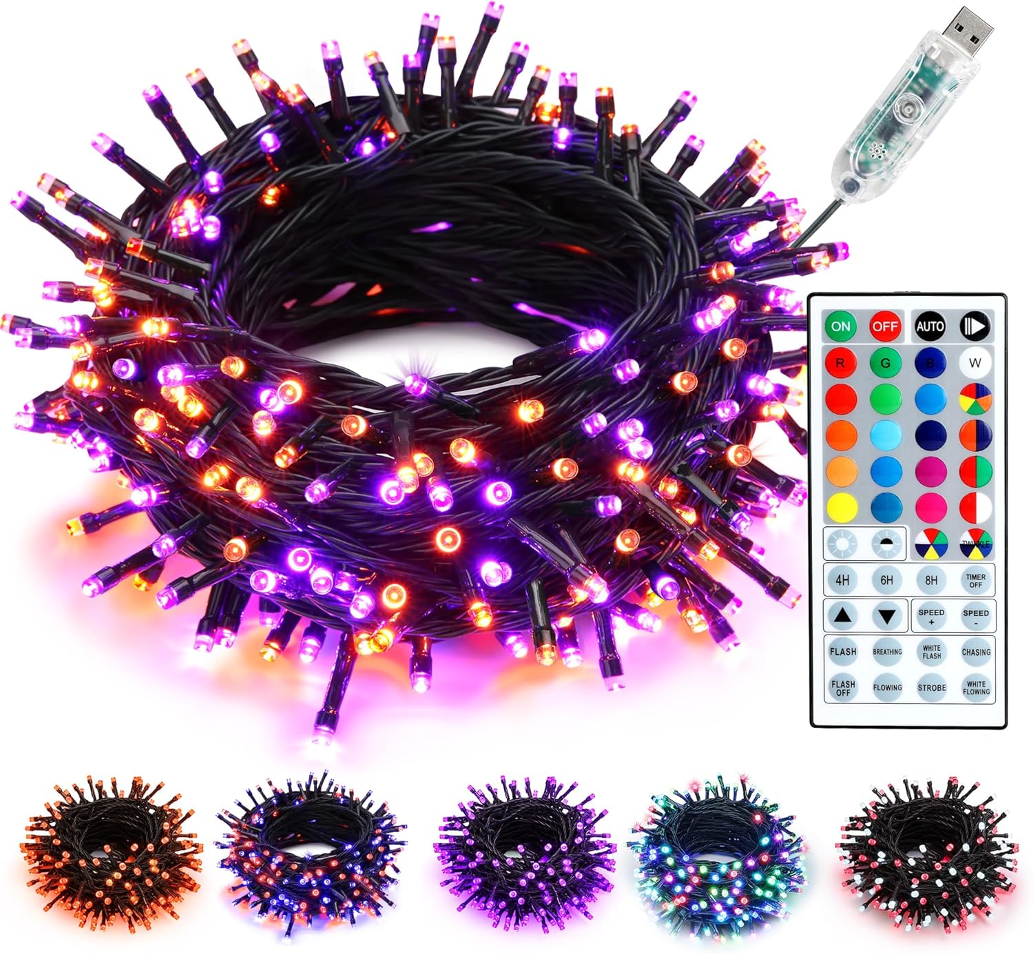 USB Powered 33ft 100 LED RGB Color Changing String Lights with Remote, Green Wire