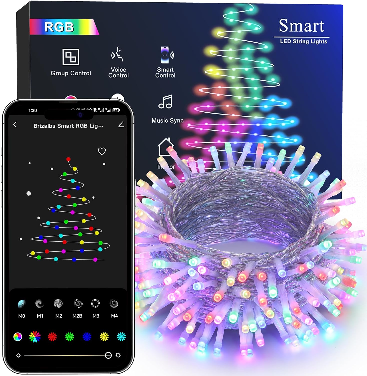 Smart RGB String Lights, 65ft 198 LED Fairy Lights App Control, Dimmable Christmas Lights, Color Changing Xmas Tree Lights Clear Wire Work with Alexa Google Home for Outdoor Indoor Party Decor