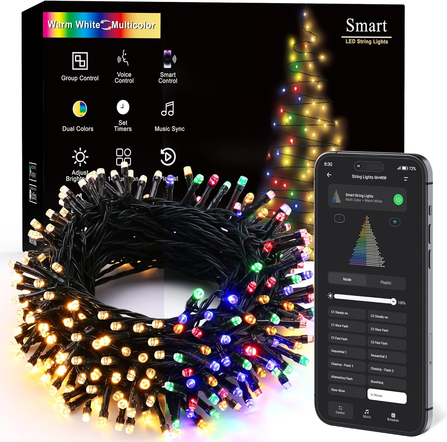 Smart Mini Christmas Lights, 98FT 300 LED,Warm White & Multicolor Color Changing App & Voice Control