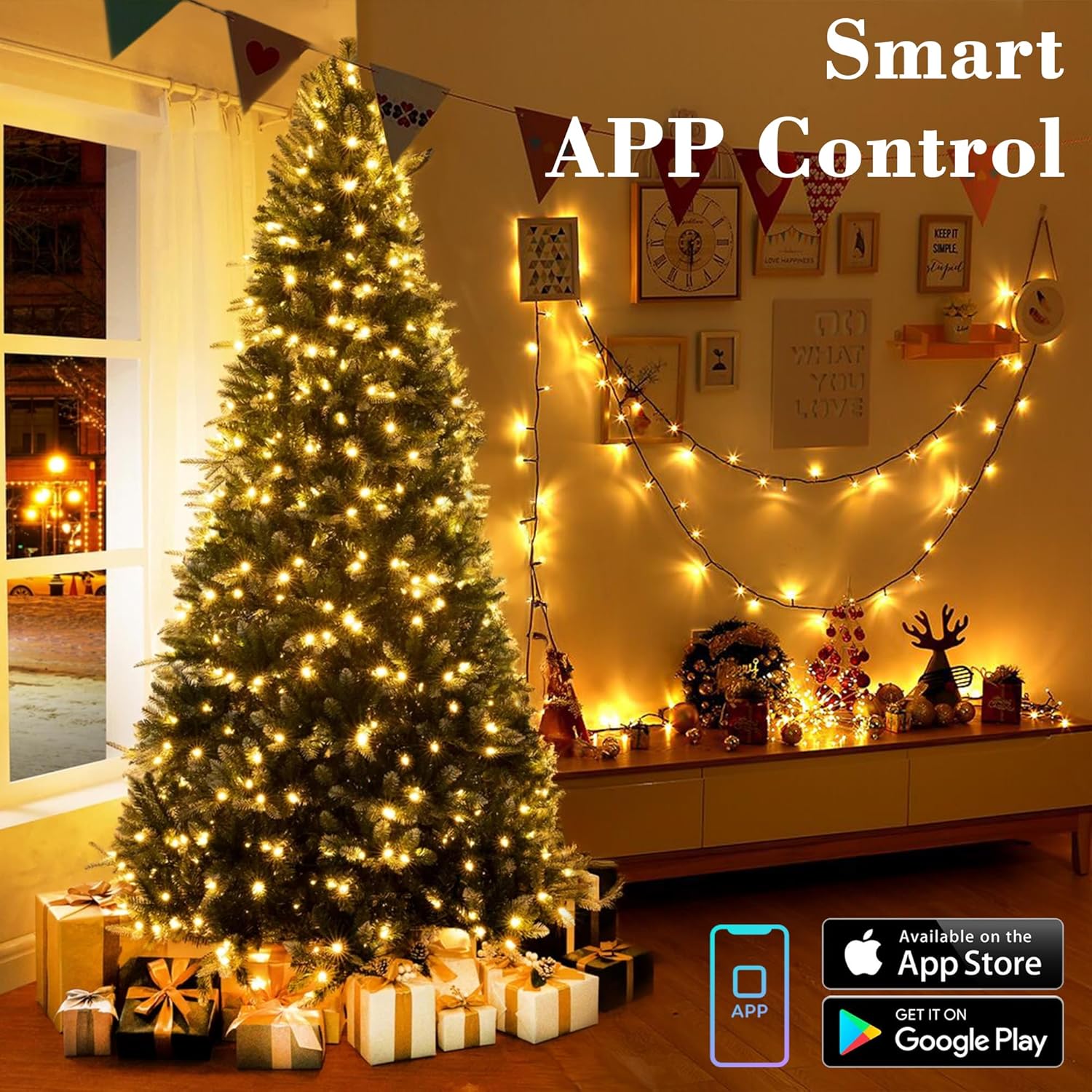 Smart Mini Christmas Lights, 66FT 200 LED,Warm White & Multicolor Color Changing App & Voice Control