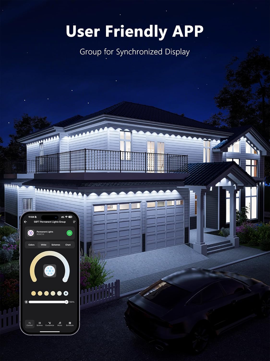 Smart Permanent Outdoor Lights – RGB, Warm White & Cool White, DIY Customization, Music Sync, Voice & App Control, 100FT