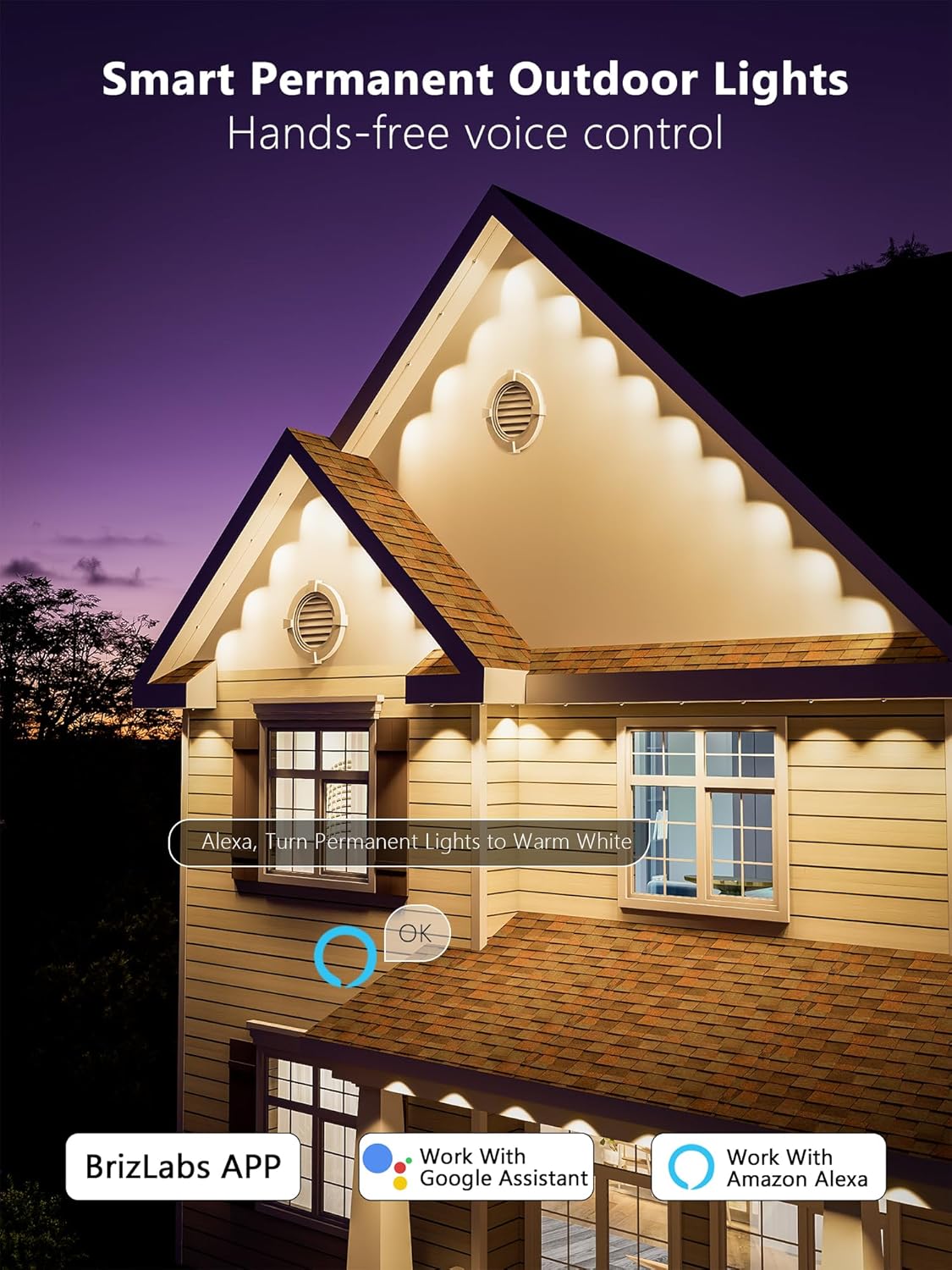 Smart Permanent Outdoor Lights – RGB, Warm White & Cool White, DIY Customization, Music Sync, Voice & App Control, 100FT