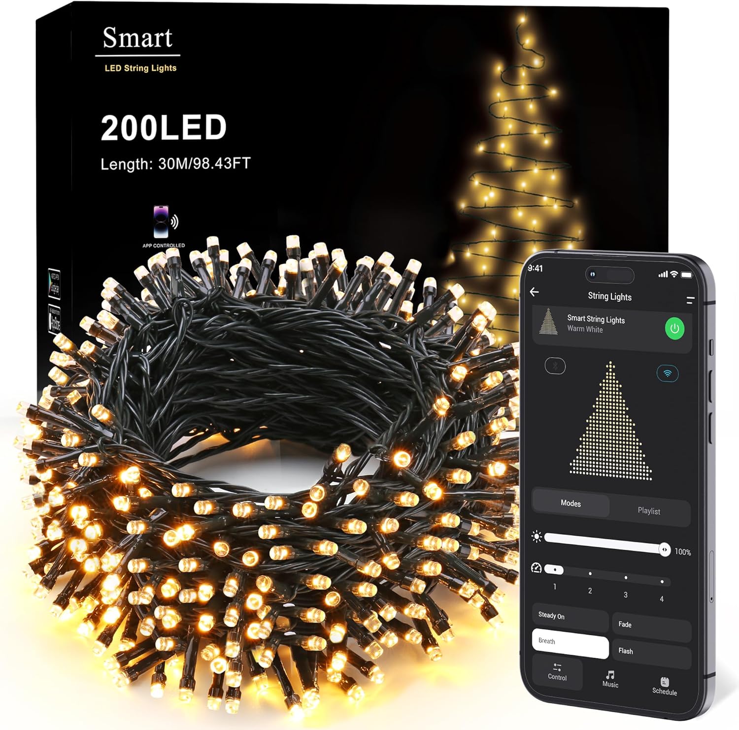 BrizLabs 66FT 200 LED  Warm White Smart Christmas Lights Green Wire with App/Voice Control, Multiple Modes with Playlist Function