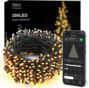 BrizLabs 66FT 200 LED  Warm White Smart Christmas Lights Green Wire with App/Voice Control, Multiple Modes with Playlist Function