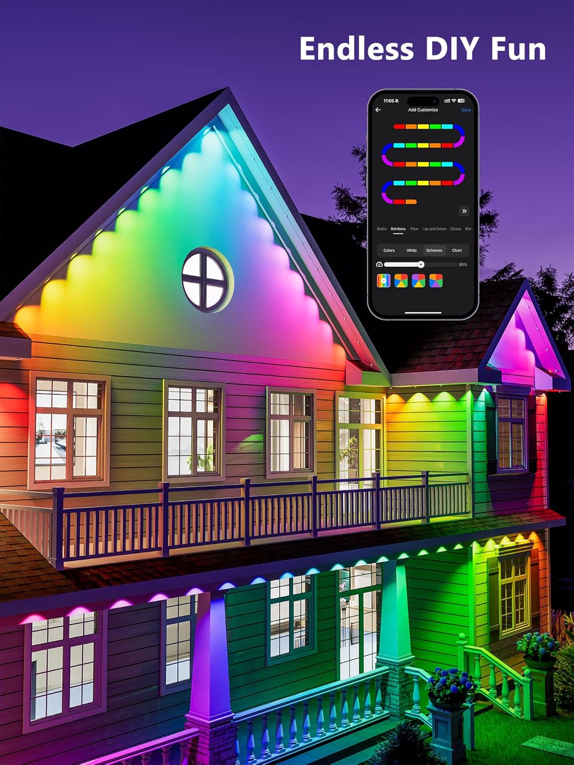 Smart Permanent Outdoor Lights – RGB, Warm White & Cool White, DIY Customization, Music Sync, Voice & App Control, 100FT