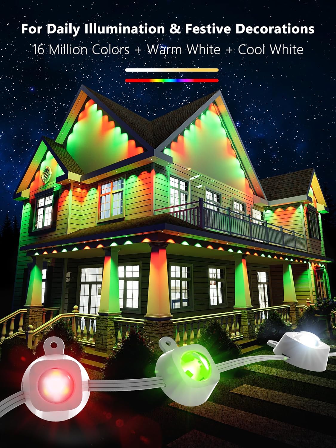 Smart Permanent Outdoor Lights – RGB, Warm White & Cool White, DIY Customization, Music Sync, Voice & App Control, 100FT