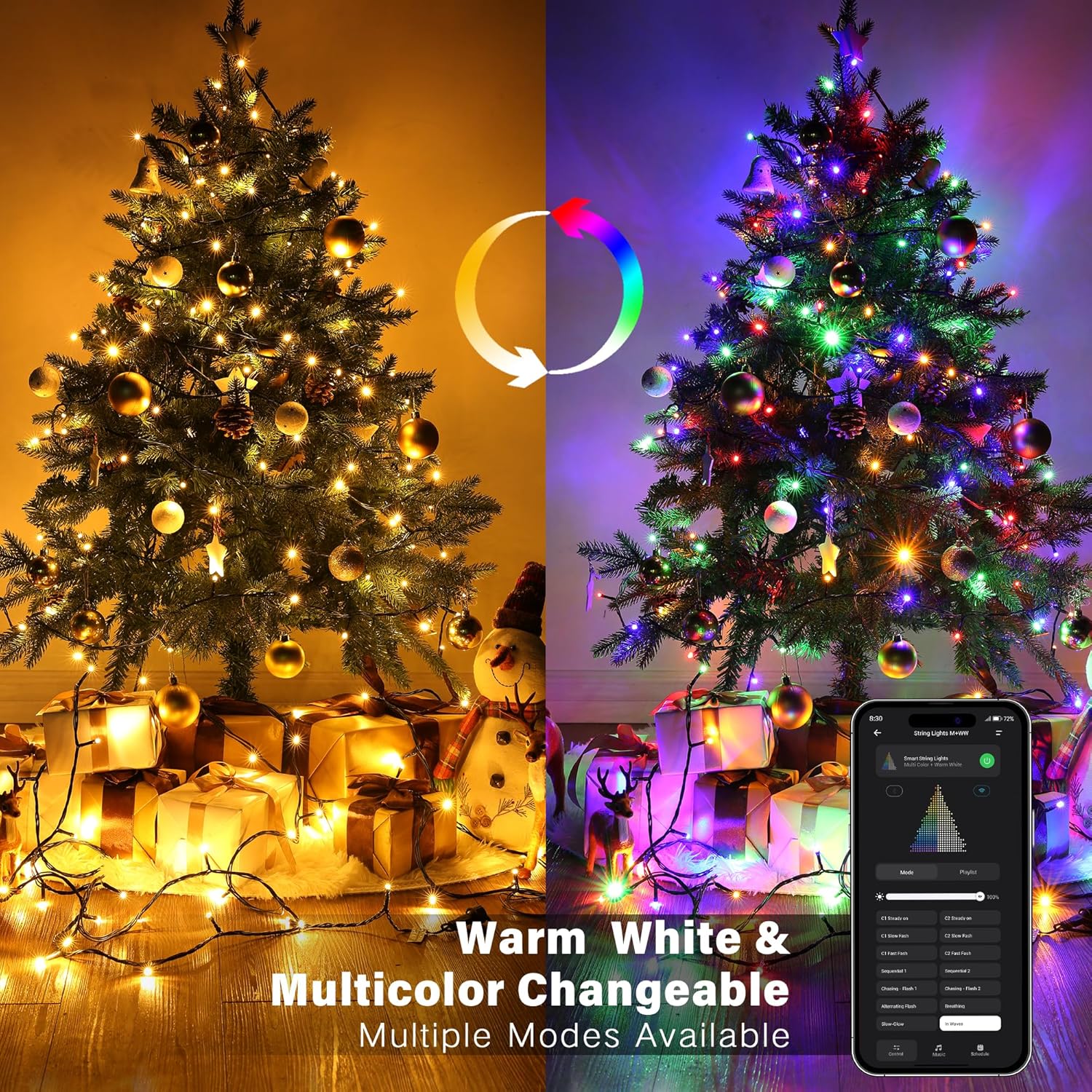 Smart Mini Christmas Lights, 98FT 300 LED,Warm White & Multicolor Color Changing App & Voice Control