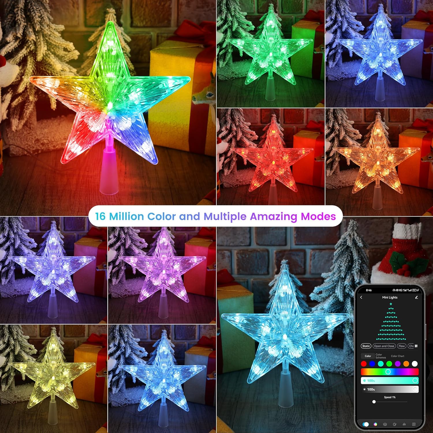 7.5" WiFi RGB LED Smart Christmas Tree Topper, App & Voice Controlled