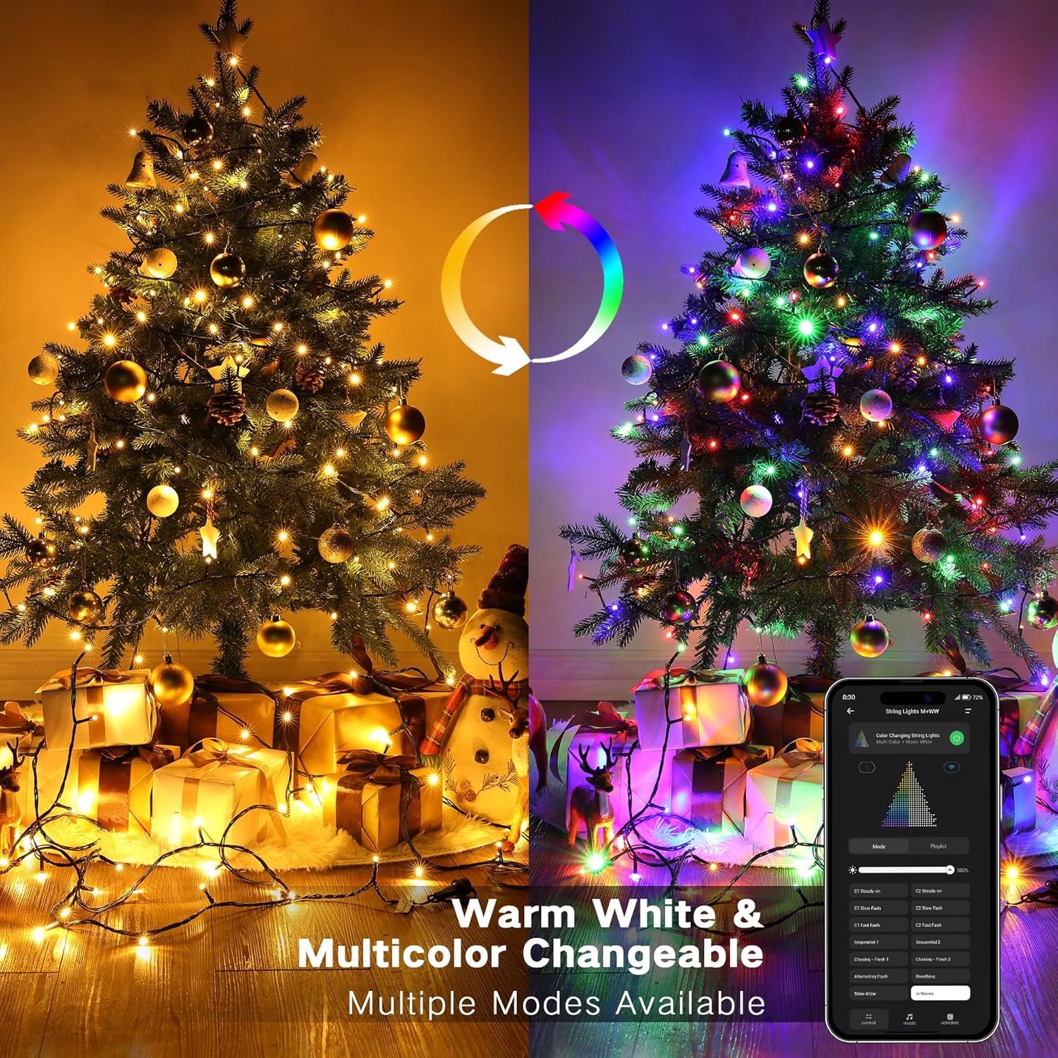 Smart Mini Christmas Lights, 66FT 200 LED,Warm White & Multicolor Color Changing App & Voice Control