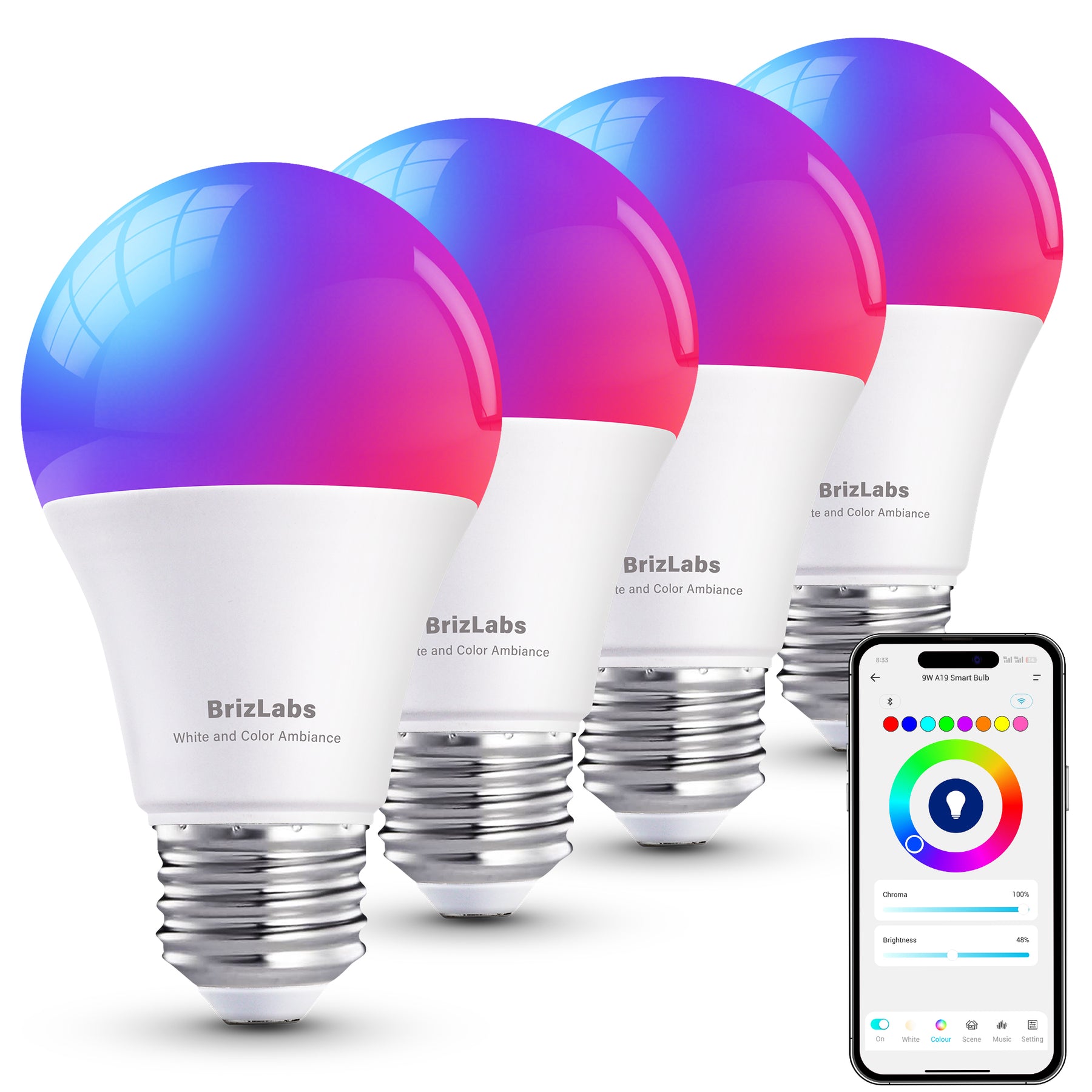 BrizLabs RGBWW Smart Light Bulbs App Control, E26, A19，9W, 806 LM, 4 Pack