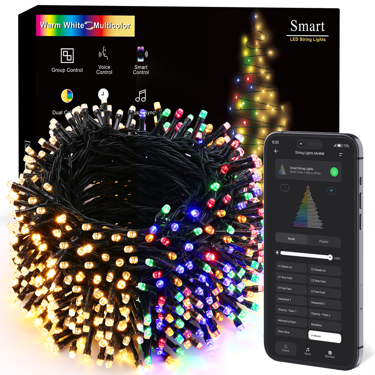 Smart Mini Christmas Lights, 164FT 500 LED,Warm White & Multicolor Color Changing App & Voice Control