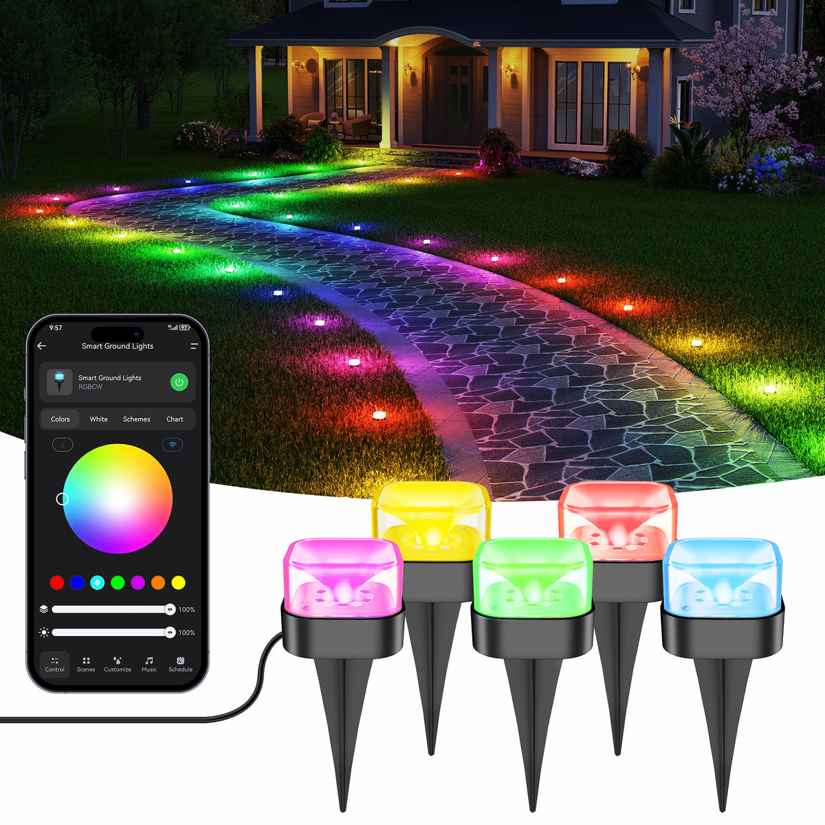 BrizLabs 50FT 130LM Smart RGBCW Outdoor Ground Lights Pathway Lighting Work with Alexa & Google Assistant, APP Control, IP65 Waterproof