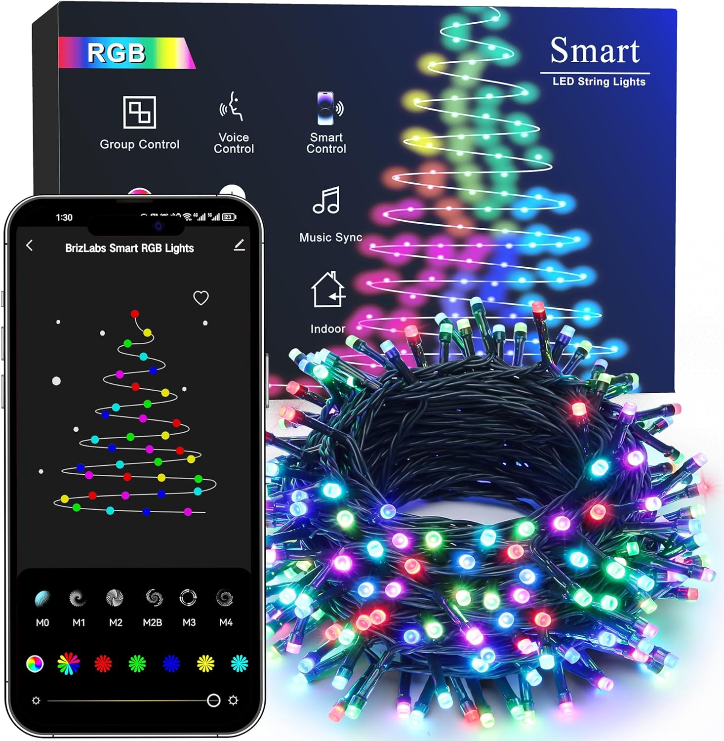 BrizLabs Smart Color Changing Christmas Lights, 65ft 198 LED WiFi String Lights App Control, Dimmable Christmas Lights, RGB Xmas Tree Lights Work with Alexa & Google Home for Outdoor Indoor Party Decor